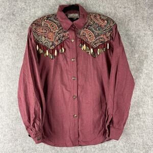 VTG Starfire Embellished Top Womens 12 Burgundy Beaded Jacquard Patch Western